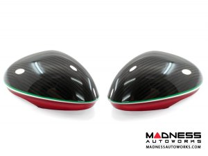 Alfa Romeo Giulia Mirror Covers - Carbon Fiber - Full Replacements - Red Stripe w/ QV Logo